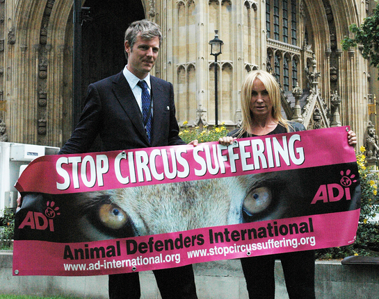 Photo: Zac Goldsmith MP and celebrity designer and ADI Ambassador Meg Mathews at Parliament on the day of the historic victory