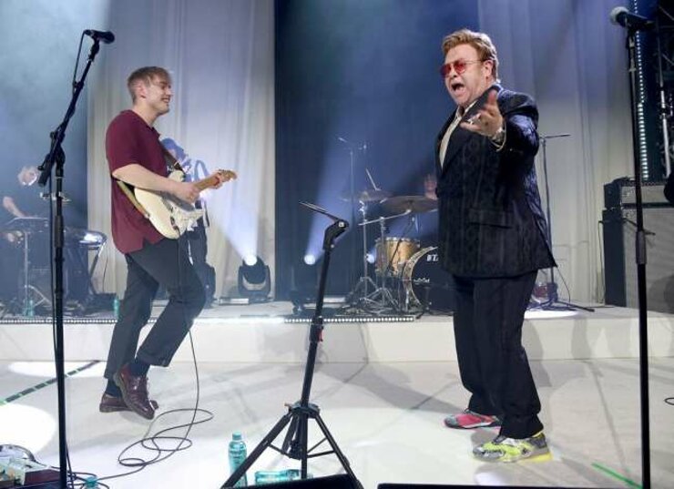 Sam Fender and Elton John perform at the 28th Annual Elton John AIDS Foundation Academy Awards Viewing Party