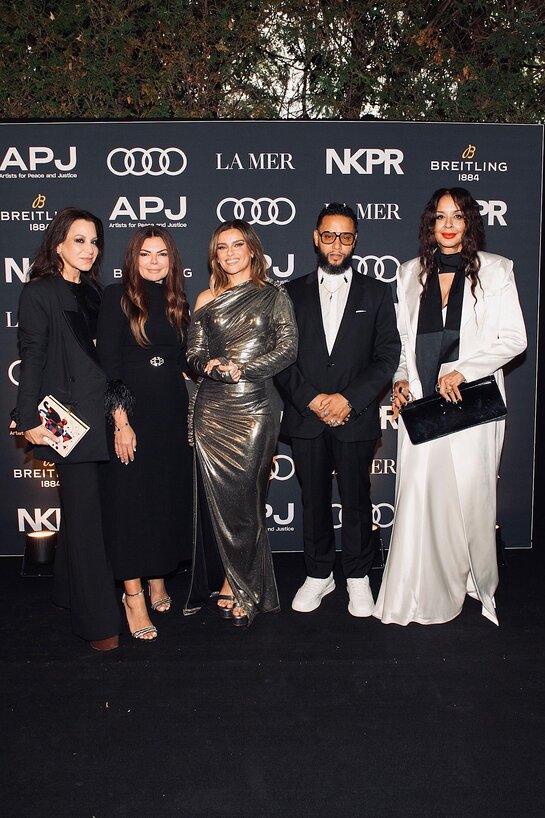 The 2023 Artists for Peace and Justice award recipients, Nelly Furtado and Director X pictured with Katherine Daniels and APJ co-chairs Natasha Koifman and Suzanne Boyd