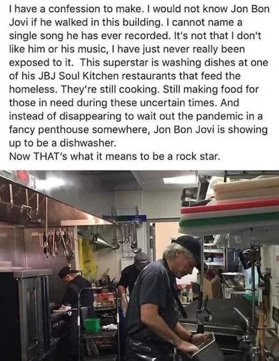 Jon Bon Jovi washing dishes at his free restaurant